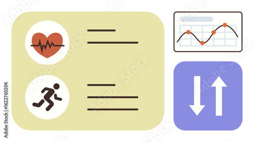 Heartbeat and running icons paired with text lines, chart showcasing analytics, up and down arrows for data sync. Ideal for fitness tracking, health monitoring, data sharing, analytics, stats