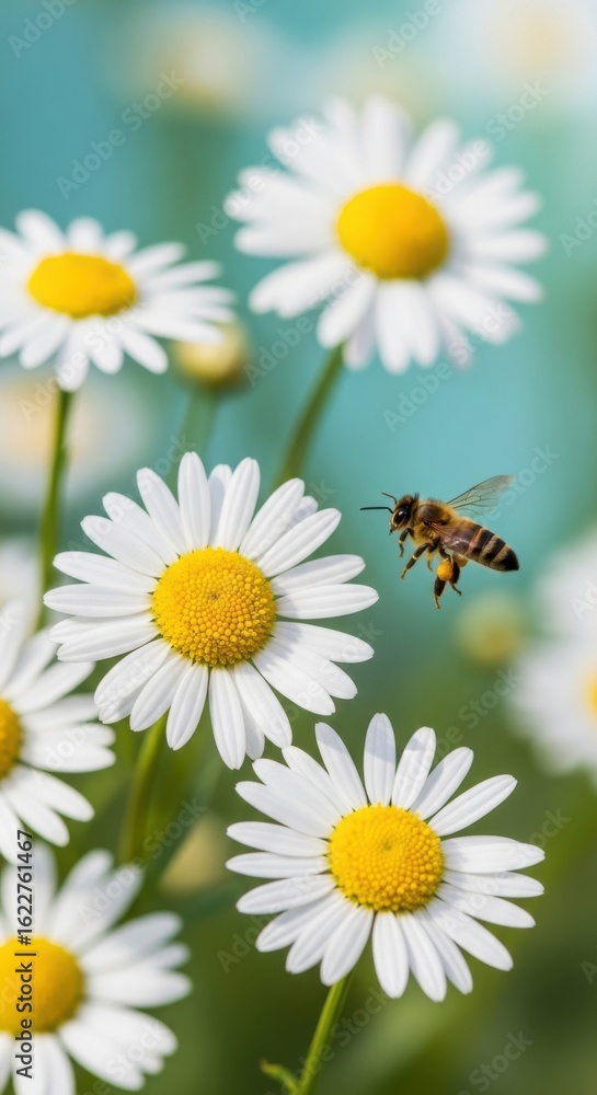 Obraz premium Honeybee foraging for nectar amid daisies in a sun-drenched spring garden