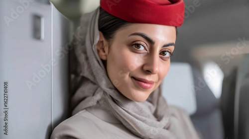 Portrait of an elegant Emirates flight attendant smiling in an airplane cabin