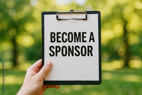 Hand holding a clipboard with the words become a sponsor