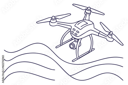A minimalist line drawing of a modern quadcopter drone flying over abstract waves, representing airflow. Vector illustration for technology concepts.