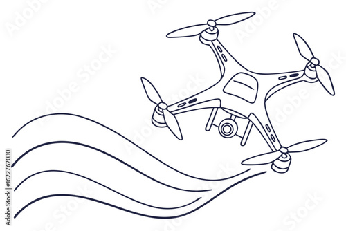 A simple line art illustration of a quadcopter drone in mid-flight with stylized motion trails. Modern unmanned aerial vehicle concept for technology and surveillance.