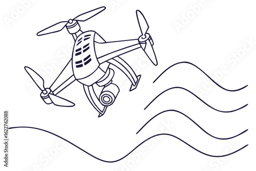 Line art illustration of a flying quadcopter drone with a camera. A concept of modern unmanned aerial vehicle technology for surveillance, filming, and delivery.
