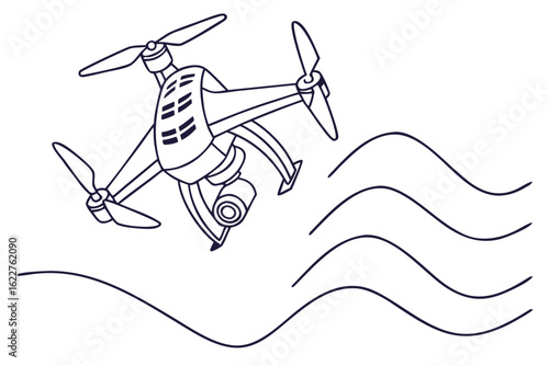 Line art illustration of a modern quadcopter drone with a camera flying in the sky. Concept for aerial technology, unmanned surveillance, and videography.