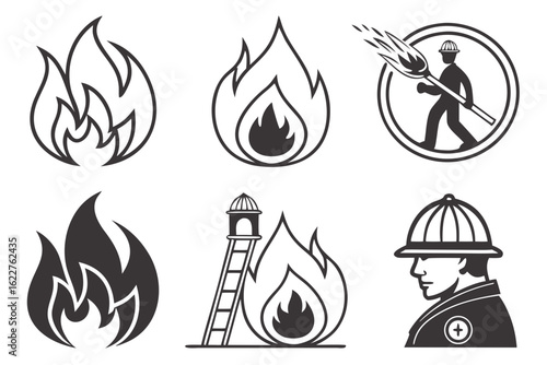 Graphic illustrations of firefighting concepts. A set of vector icons showing a fireman, fire flames, and rescue symbols for safety services.