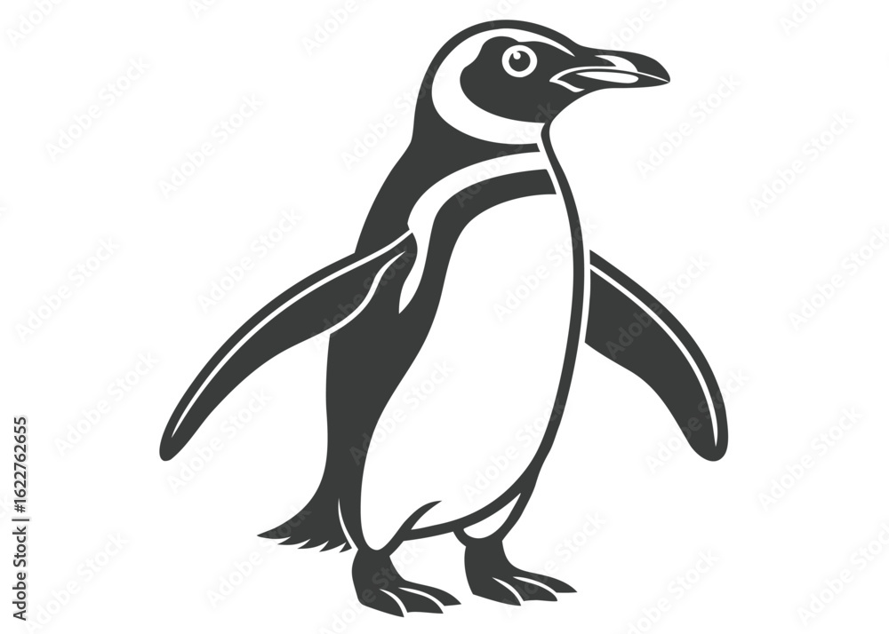 Naklejka premium Stylized Silhouette of a Magellanic Penguin Standing with Wings Outstretched on a White Background bird