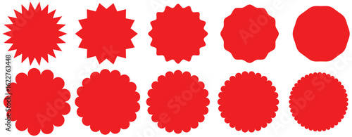 Set of red starburst. Price sticker, sale sticker, price tag, starburst, quality mark, retro stars, sale. Circle sticker set. Wavy edge promo red badges. Star burst shape tags for price. Red sale tag	