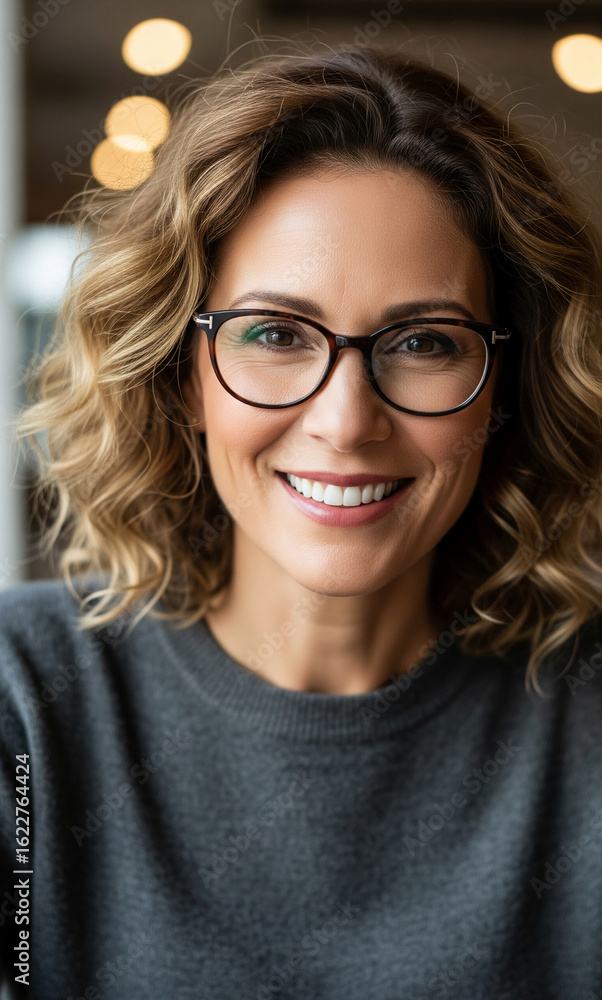 Obraz premium Close-up portrait of smiling woman with curly blond hair wearing glasses, showcasing a friendly and approachable expression ideal for corporate or personal branding