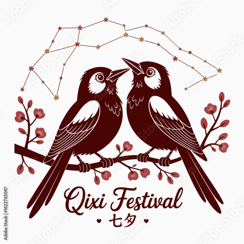 Qixi Festival lovebird pair, cherry blossom branch, starlit romance, Chinese celebration, unique vector design for cards