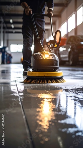 Worker cleaning a car garage floor with a floor scrubber