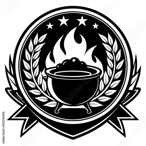Black and White Emblem of a Boiling Pot with Flames.