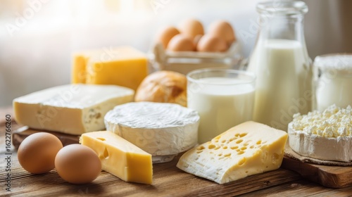Assortment of fresh dairy products on wooden table, soft natural lighting