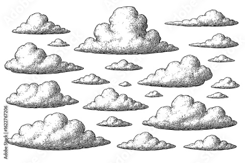 Vintage retro clouds set, hand-drawn isolated vector icons.