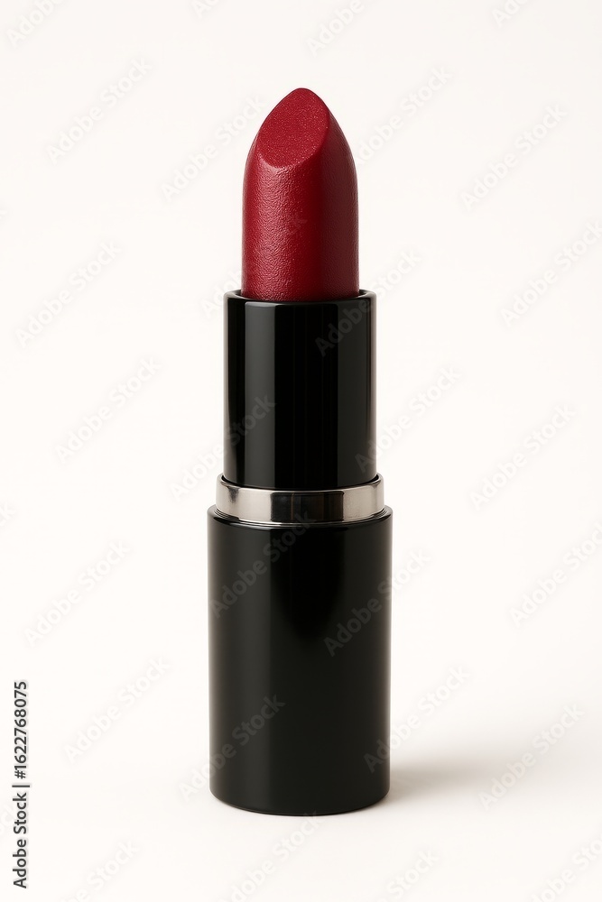 Vibrant red lipstick in elegant black and silver tube on clean white. Vibrant red lipstick in elegant black and silver tube on clean white.
