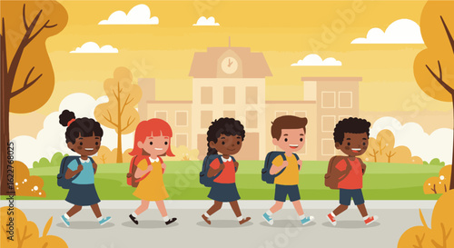 Flat vector illustration of diverse kids with backpacks heading to school with trees and school building in the background. Perfect for back to school themes, education.