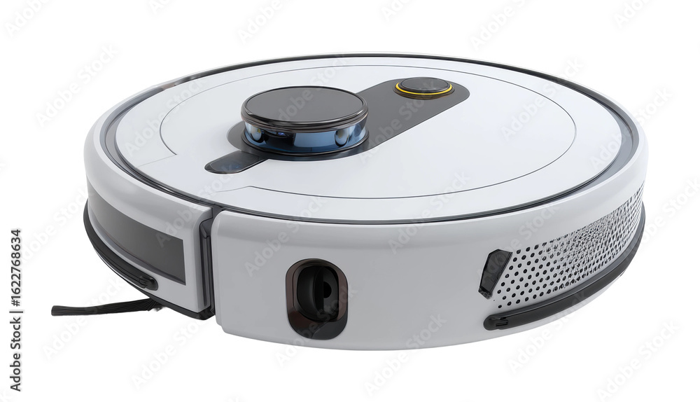 Fototapeta premium Innovative robotic vacuum cleaner in modern home technology interior view isolated on transparent background, png