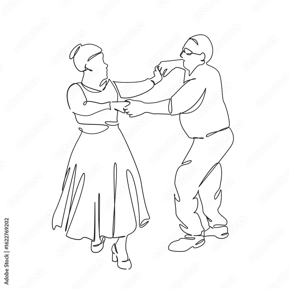 Fototapeta premium One continuous single drawing line art flat doodle dancing, person, man, woman, lifestyle, fun, adult, old, bonding. Isolated image hand draw contour on a white background, hand drawn, not AI