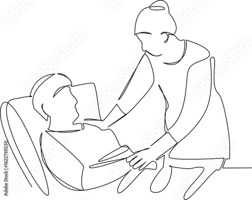 One continuous single drawing line art flat doodle patient, nurse, hospital, doctor, recovery, care, medicine, support. Isolated image hand draw contour on a white background, hand drawn, not AI