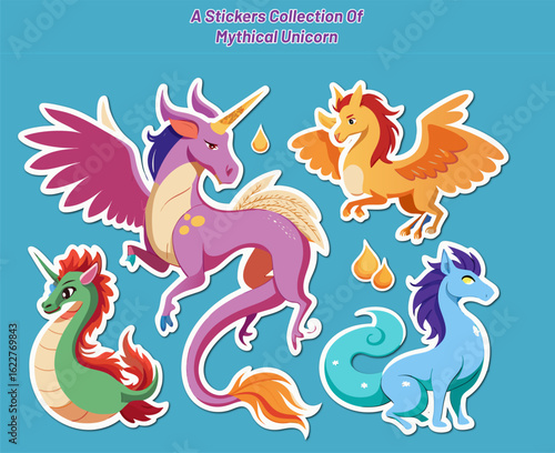 Colorful Collection of Mythical Creatures as Stickers with Unicorns and Dragons on a Blue Background