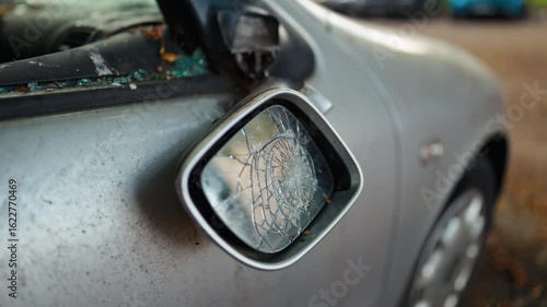 A CloseUp View of a Damaged Car Side Mirror Featuring Cracked Glass and Various Signs of Wear and Tear