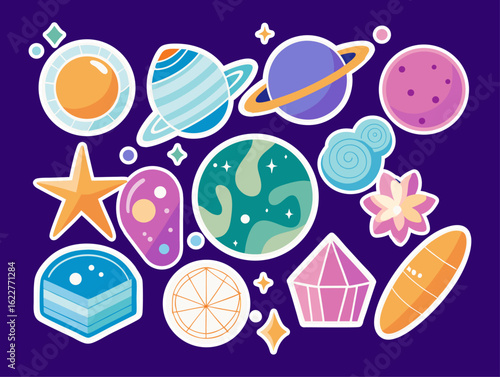 Colorful Cartoon Space Elements on Purple Background Planets Stars Cloud Flower Crystal and Other Cosmic Objects