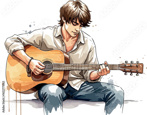 watercolour illustration of a musician with guitar in isolated on white background