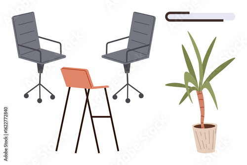 Office arrangement featuring two swivel chairs, a standing bar stool, a potted plant, and a progress bar. Ideal for workplace design, modern interiors, collaboration, productivity, creativity