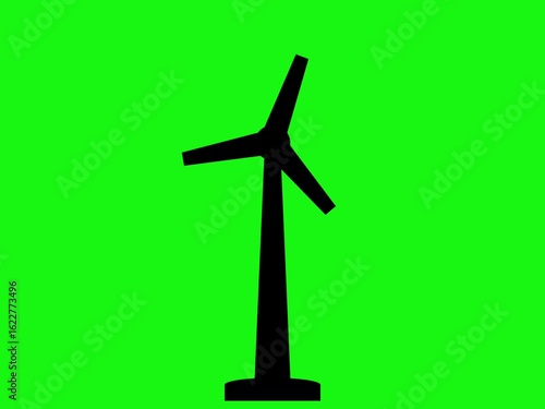 Rotating Wind Turbine Animation - Black Silhouette on Green Screen. Renewable Energy Concept - Animated Wind Turbine for Chroma Key