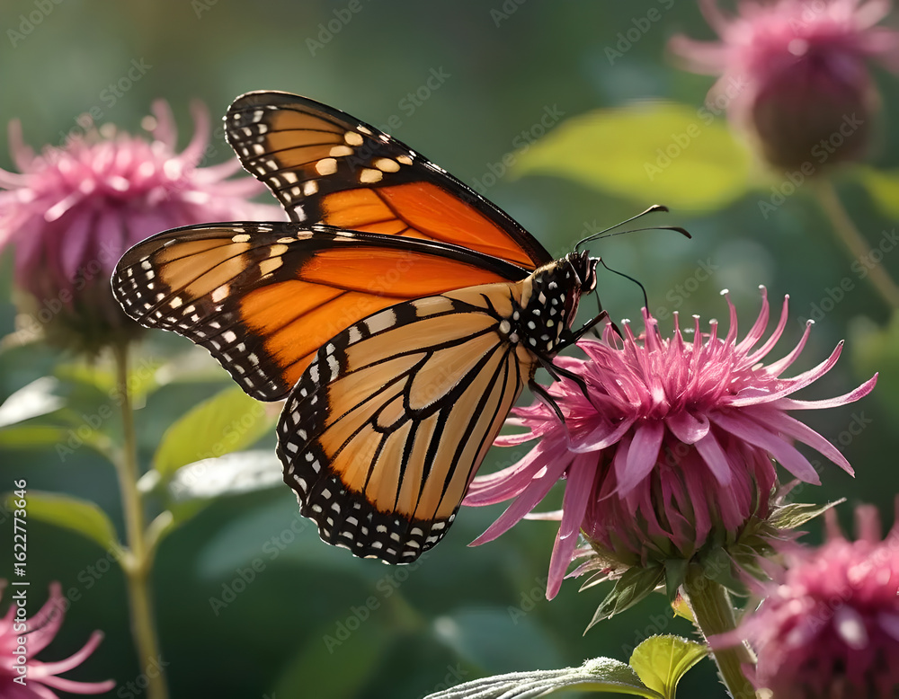 Obraz premium Monarch Butterfly on a Pink Coneflower in a Sunlit Garden