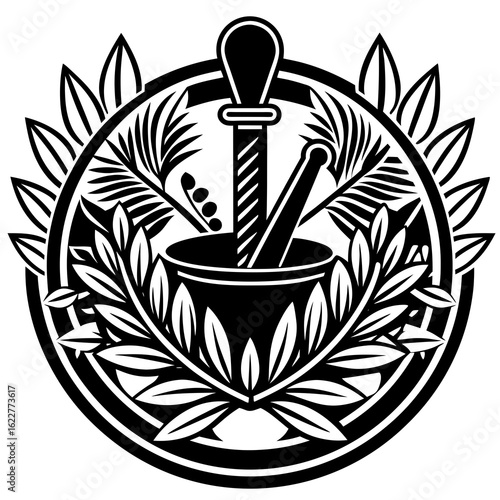 Emblematic Mortar and Pestle with Laurel Wreath.