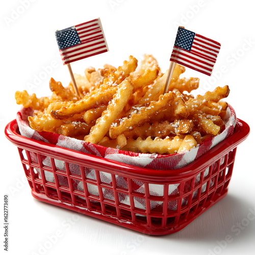 mini shopping cart with crispy potato fries, patriotic USA-themed food, red white and blue color palette. isolated on white background.