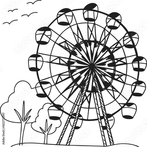 Black and white hand-drawn Ferris wheel with cabins, trees and flying birds in amusement park scene