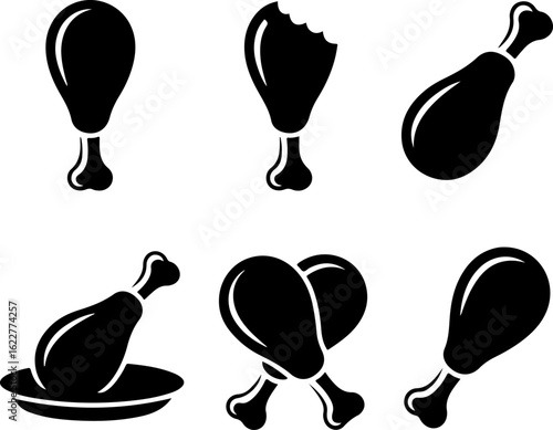 6 unique black silhouette vector illustrations of chicken drumsticks in different styles and angles 