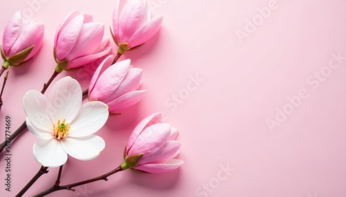 Pastel pink backdrop, delicate magnolia blossoms arranged in a flat lay , pretty, soft, petals