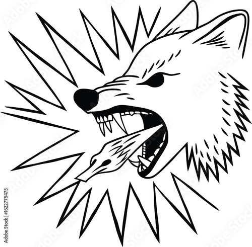 Wolf head biting a bird in dynamic line art with sharp angular background