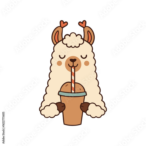 Cute llama happily sipping a milkshake through a straw