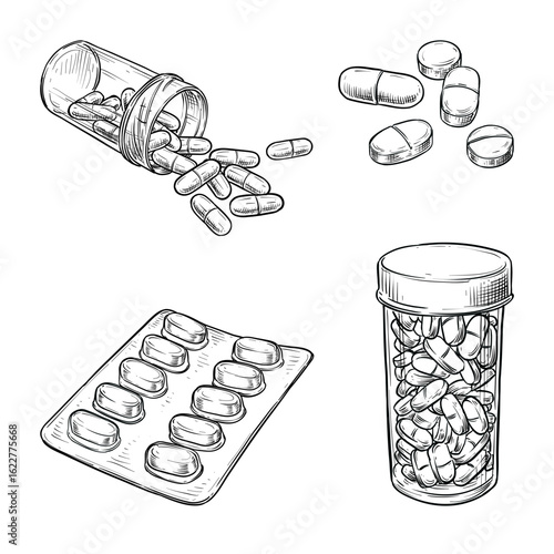medicine pills tablet capsule vector line art hand drawn illustration set collection