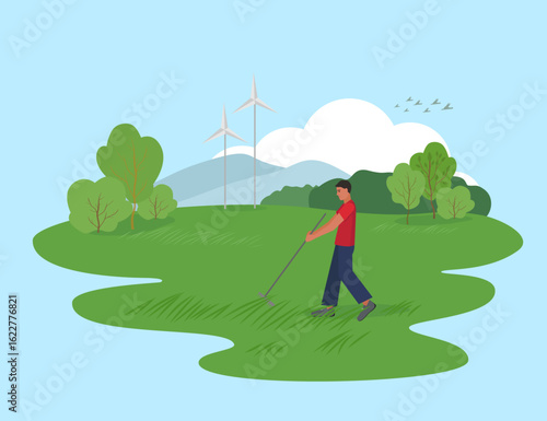 A man raking grass in a field against the backdrop of windmills