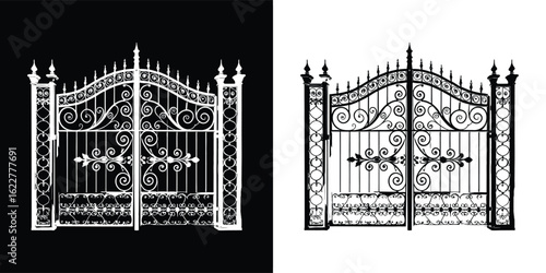 A graphic illustration of an ornate wrought iron gate, featuring intricate scrollwork and decorative elements, presented in both black and white and white and black versions