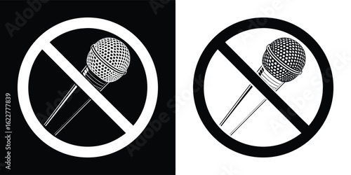 No microphone symbol, prohibition sign, representing silence, mute, or a ban on speaking or recording audio, presented in both black and white versions for versatility