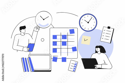 Teamwork and planning with clocks and sticky notes isolated on white background