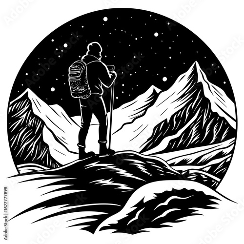 Hiker Standing on Mountain Peak Under Starry Night Sky.