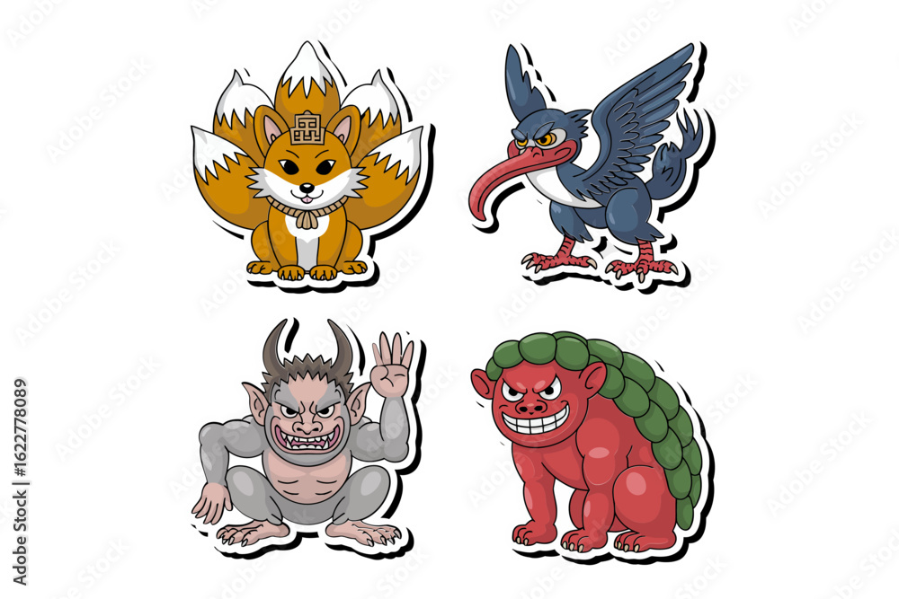 Fototapeta premium Japanese folklore creature sticker set, mythical animal icon collection, creative vector illustration for fantasy decor