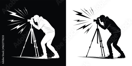 Silhouette of a photographer capturing a moment with a camera on a tripod, with light bursts emanating from the lens, isolated on white background