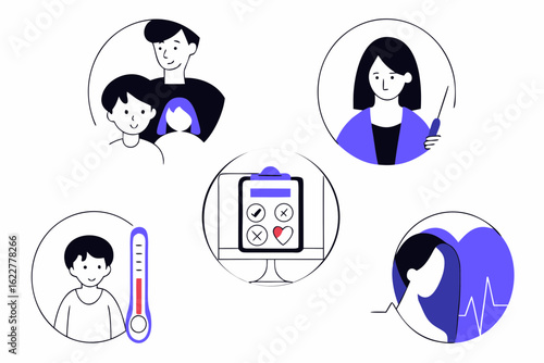 Healthcare and family well being icons isolated on white background