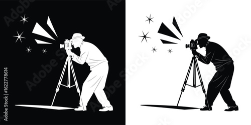 Silhouette of a photographer with a camera on a tripod, capturing a moment with flashes and sparks, representing creativity and the art of photography, in black and white