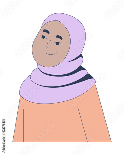 Smiling muslim girl in purple hijab 2D cartoon character. Islamic modesty, ethnic headscarf. Arab female child in modest attire flat vector person isolated on white. Spot illustration colorful