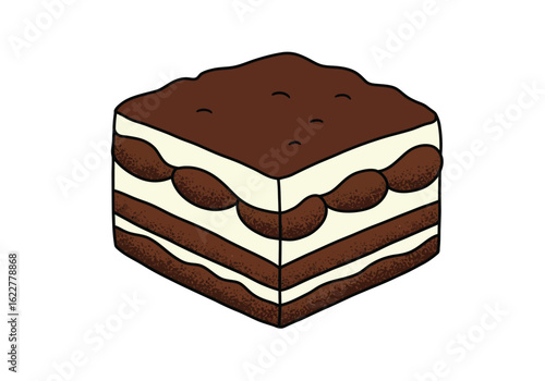 Tiramisu cake drawing. It is a black and white outline of a tiramisu cake or dessert, showing its distinct layers of coffee-soaked goodness. Vector sketch line art draw.