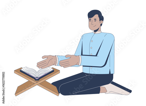 Arab man reciting Quran 2D cartoon character. Islamic study. Muslim male kneeling near Rehal book stand showing holy scripture flat vector person isolated on white. Spot illustration colorful