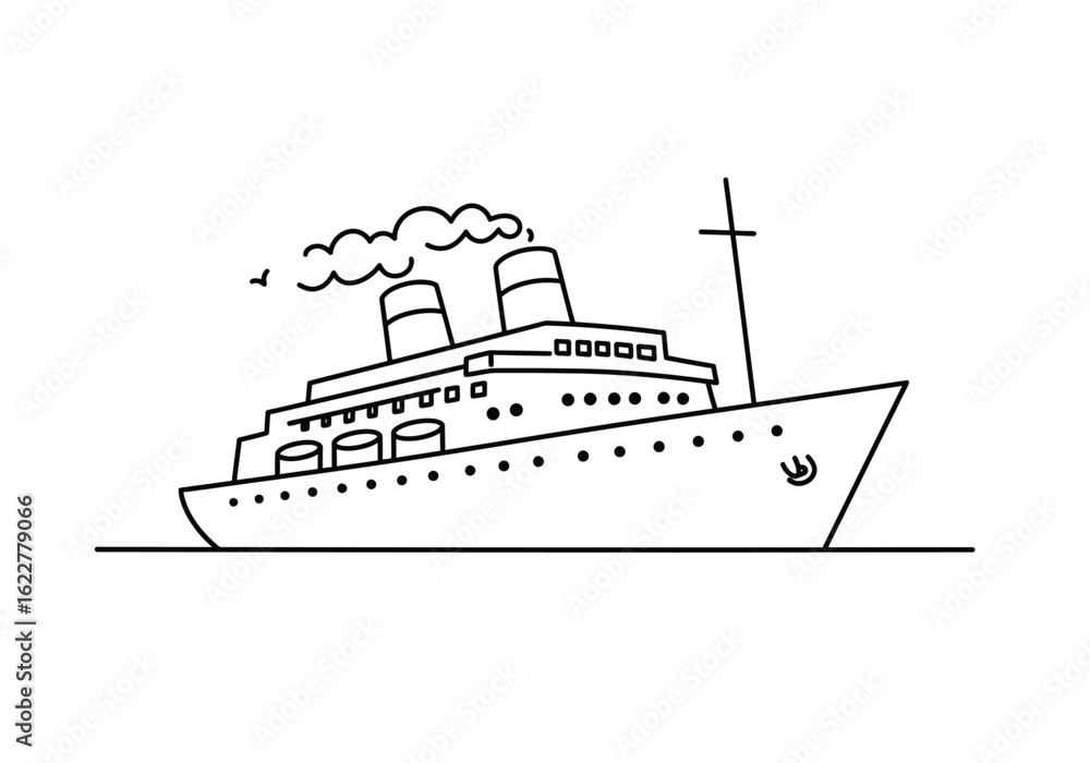 Fototapeta premium Cruise boat drawing. It is a black and white outline of a cruise boat or ship, a large passenger vessel for ocean travel. Vector sketch line art draw.